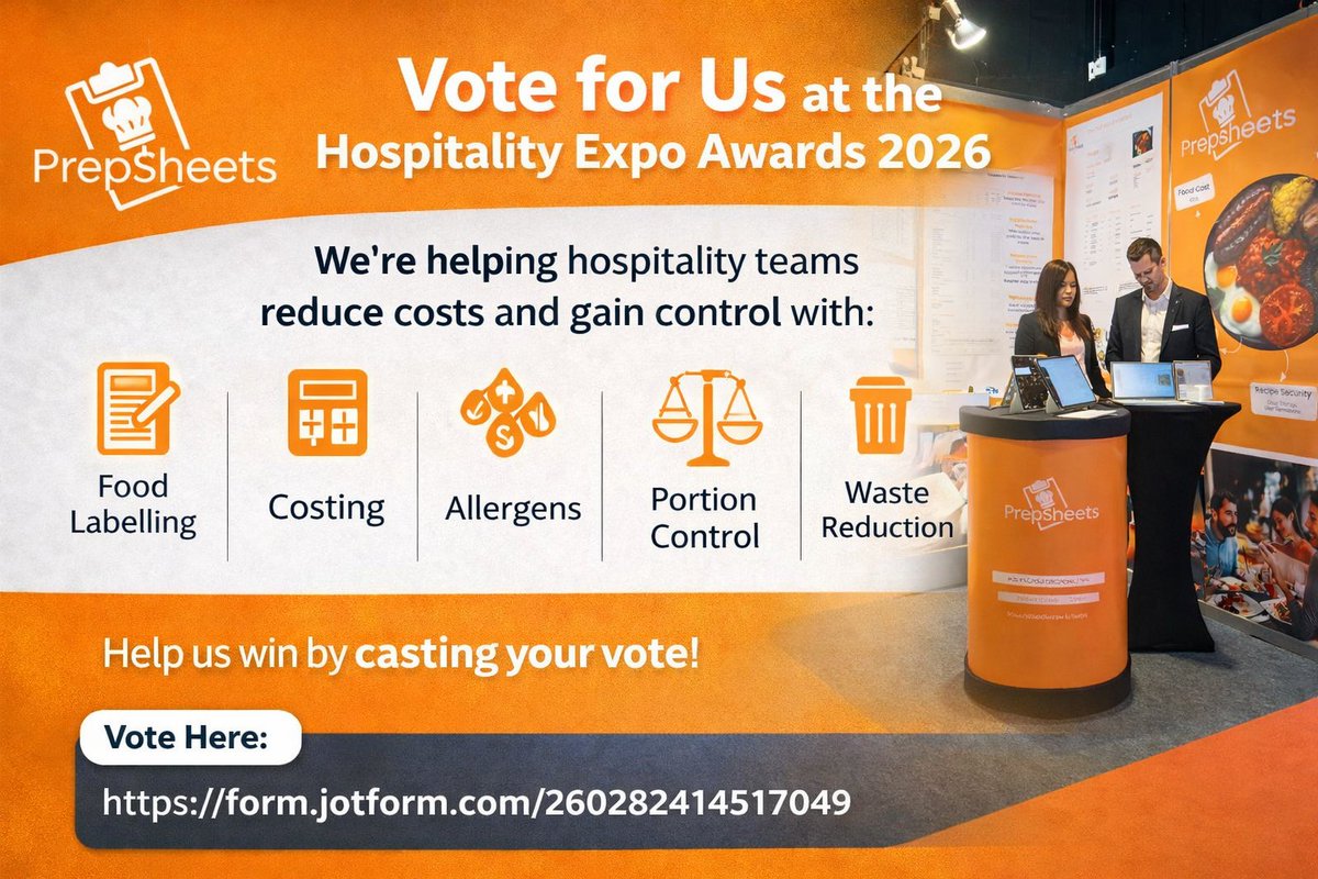 If Prepsheets has helped your kitchen cut costs, improve margins, or clarify recipe costing and allergens, please vote for us HEX2026: bit.ly/4rC5YXU
#HospitalityExpo2026 #HospitalityAwards #Prepsheets #HospitalityTech #FoodCostControl #SupportingHospitality