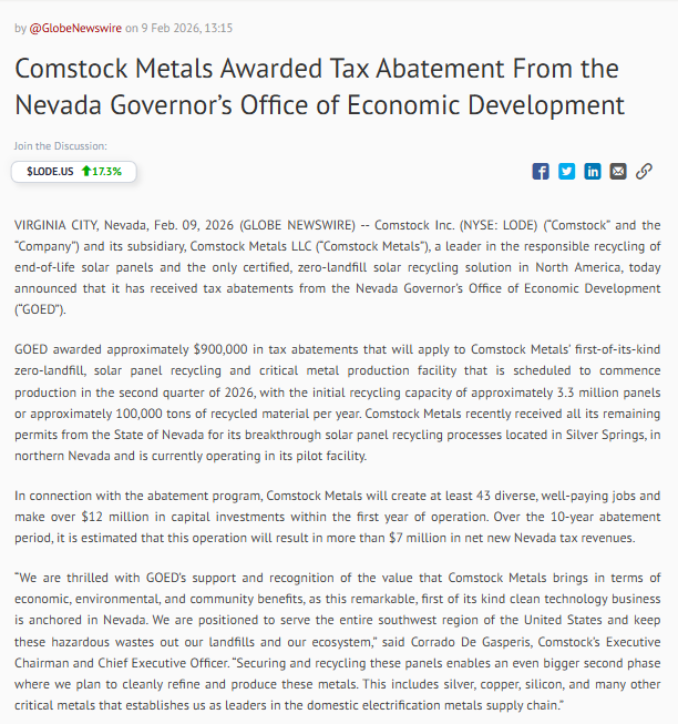 $lode awarded $900k of tax abatements. Production starting in Q2. Which is basically on schedule, as they said commissioning for Q1 is on schedule on the last investor call.
The $12 million in capital investments within the first year of operation, I assume, refers to the second