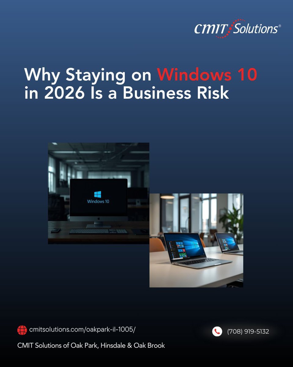 Windows 10 no longer meets 2026 security or compliance standards. Without critical updates, systems become entry points for ransomware and disqualify you from cyber insurance. We help you migrate smoothly. Visit cmitsolutions.com/oakpark-il-100… or call (708) 919-5132 #cmitsolutions
