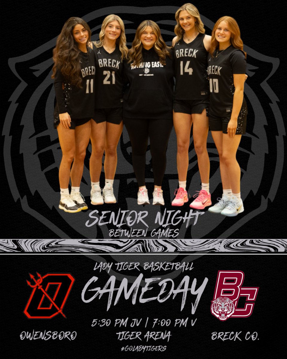 BCLADYTIGERS's tweet photo. 🏀Game Day Alert!🏀
✨🎓SENIOR NIGHT🎓✨
🆚 Owensboro
📍 Tiger Arena
📅 Date: 2/9/26
⏰ 5:30 PM JV | 7:00 PM V
📺 Hudl Fan - Breckinridge County Lady Tigers (JV &amp; V)
📺 YouTube - Breck Live (V)
📻 104.3 The River (V)

#GoLadyTigers https://t.co/m1oMGVXRw2
