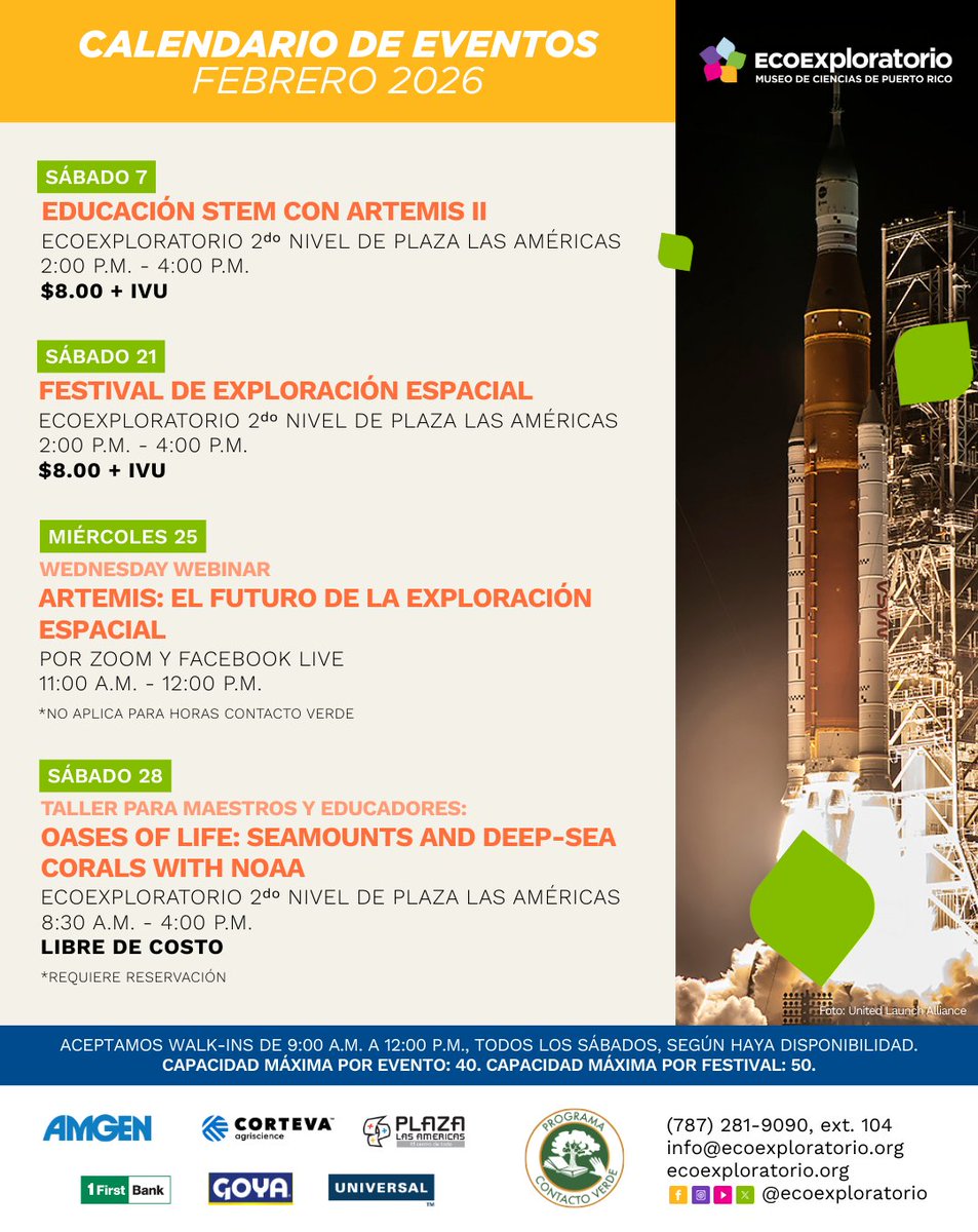 [CALENDARIO FEBRERO] ¡La ciencia divertida del EcoExploratorio: Museo de Ciencias de Puerto Rico continúa! 🌎🌳🐠📚

Conoce cuáles son nuestras actividades para este mes: 👇

Para más información:
📲:(787)281-9090
📧:info@ecoexploratorio.org

#mimuseopr
#cienciadivertida