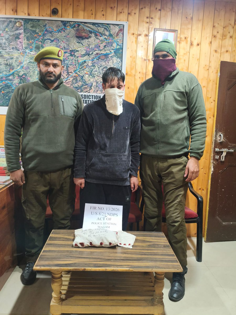 BudgamPolice's tweet photo. Budgam Police crackdown on illegal activities: one drug peddler and three gamblers arrested in Magam &amp; Budgam. Contraband and stake money seized. FIR No. 13/2026 U/S 8/21, 22 NDPS Act at PS Magam &amp; FIR No. 29/2026 at PS Budgam registered. Investigation underway.
@JmuKmrPolice https://t.co/z4C9qKQskm