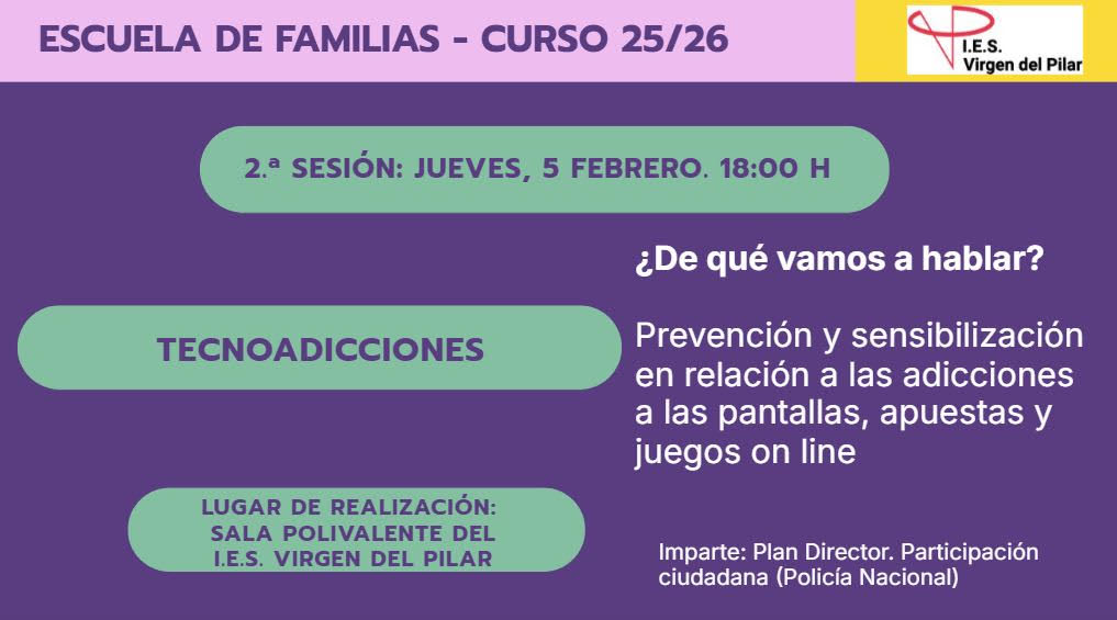 iesvp's tweet photo. La semana pasada tuvimos una nueva sesión de la #EscueladeFamilias 2025-26. Hablamos de #tecnoadicciones con @policia.
@cpmariadeavila @RedEvolucionAr
@InnovaEducAr #FAPAR
@HeraldoEscolar @periodicoaragon #PlanDirector
#orientacion #juntossomosmas #elVirgendejahuella https://t.co/mRCq8jgmFP