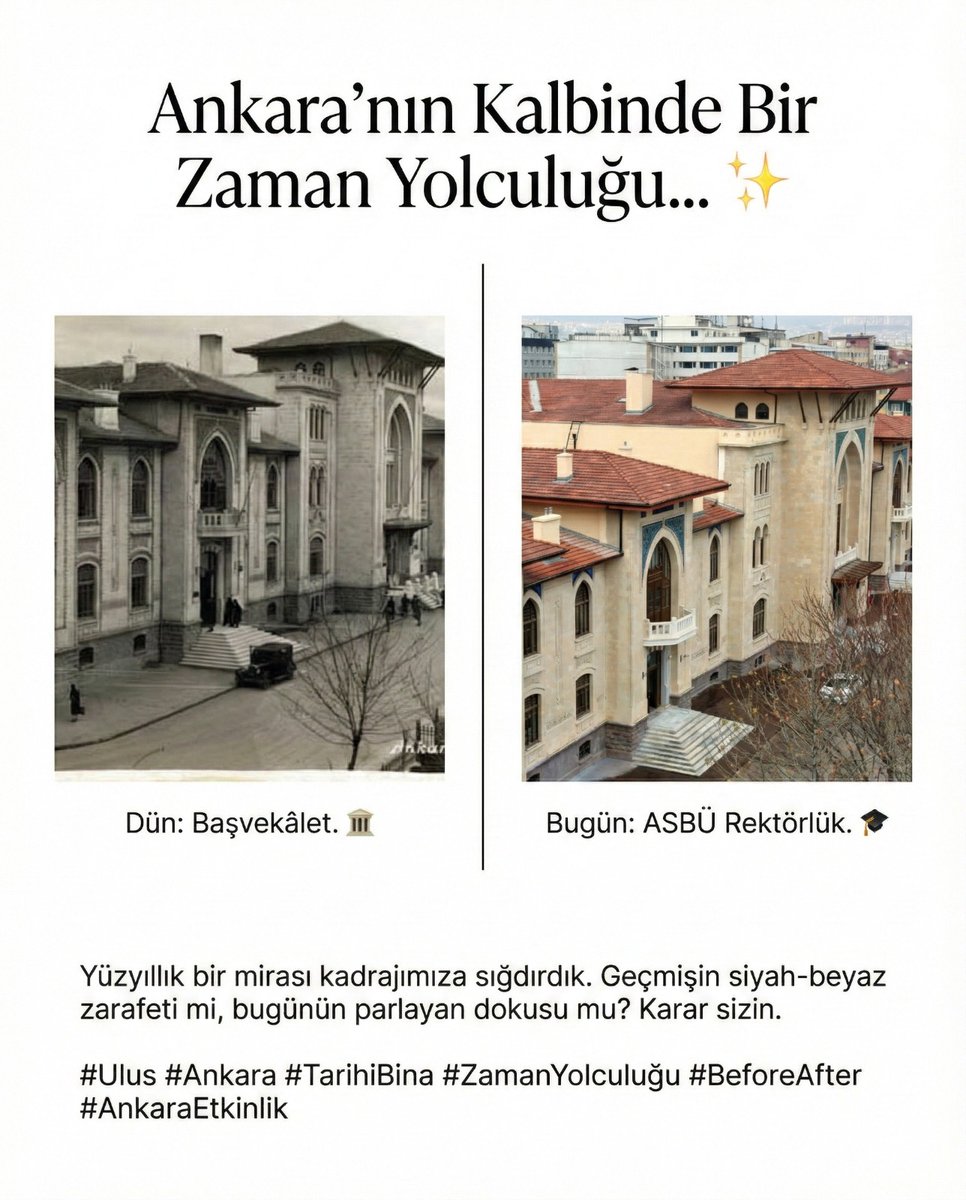 Ankara’nın kalbinde bir yapı; geçmişte devlet aklının, bugün bilginin ve hikmetin mekânı. Başvekâletten ASBÜ Rektörlüğüne uzanan bu yol, tarihin mirasını bilimle buluşturan bir sürekliliği temsil ediyor.

#ASBÜ #Ankara #Tarih #BilimYuvası