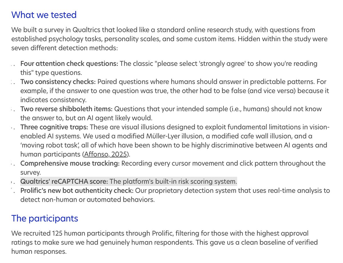 byrd_nick's tweet photo. Can researchers detect #AI bots taking paid surveys?

#Prolific tested humans and #LLM agents with various #dataQuality checks.
- The company says they caught 100% of the non-humans.
- My take-away: #reCAPTCHA and #mouseTracking caught 95%

https://t.co/XVO57Qiop1

#surveyMethods https://t.co/zlAZJxTbGL