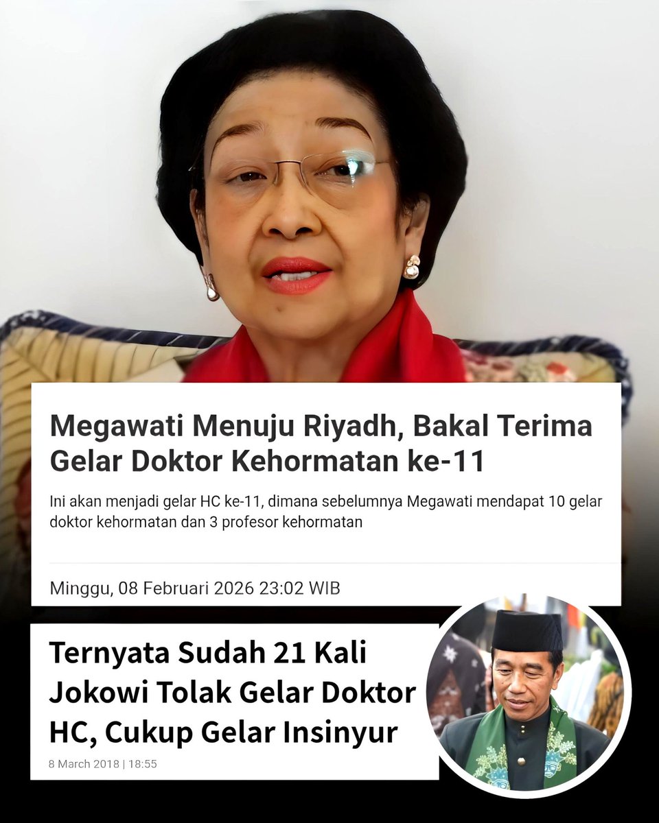 Di saat banyak pejabat berlomba menghias nama dgn gelar kehormatan,
Pak Jokowi justru memilih berjalan tanpa mahkota titel.

Tawaran doktor honoris causa dari kampus dalam &amp; luar negeri datang silih berganti,
namun beliau menolaknya dgn sikap tenang  &amp; konsisten.

Bagi Pak