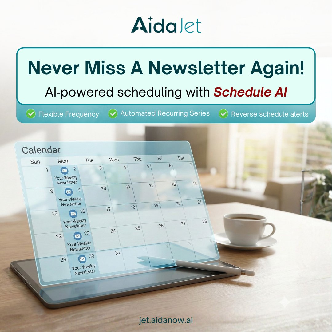 Aida_Jet's tweet photo. Never miss a newsletter again 📅🤖

✔️ AI-powered scheduling
✔️ Automated recurring series
✔️ Smart send reminders
Stay consistent. Grow smarter.
👉 https://t.co/f25MQdjUEF
#EmailMarketing #SaaS #Automation #AidaJet https://t.co/kLoNdvxJxb