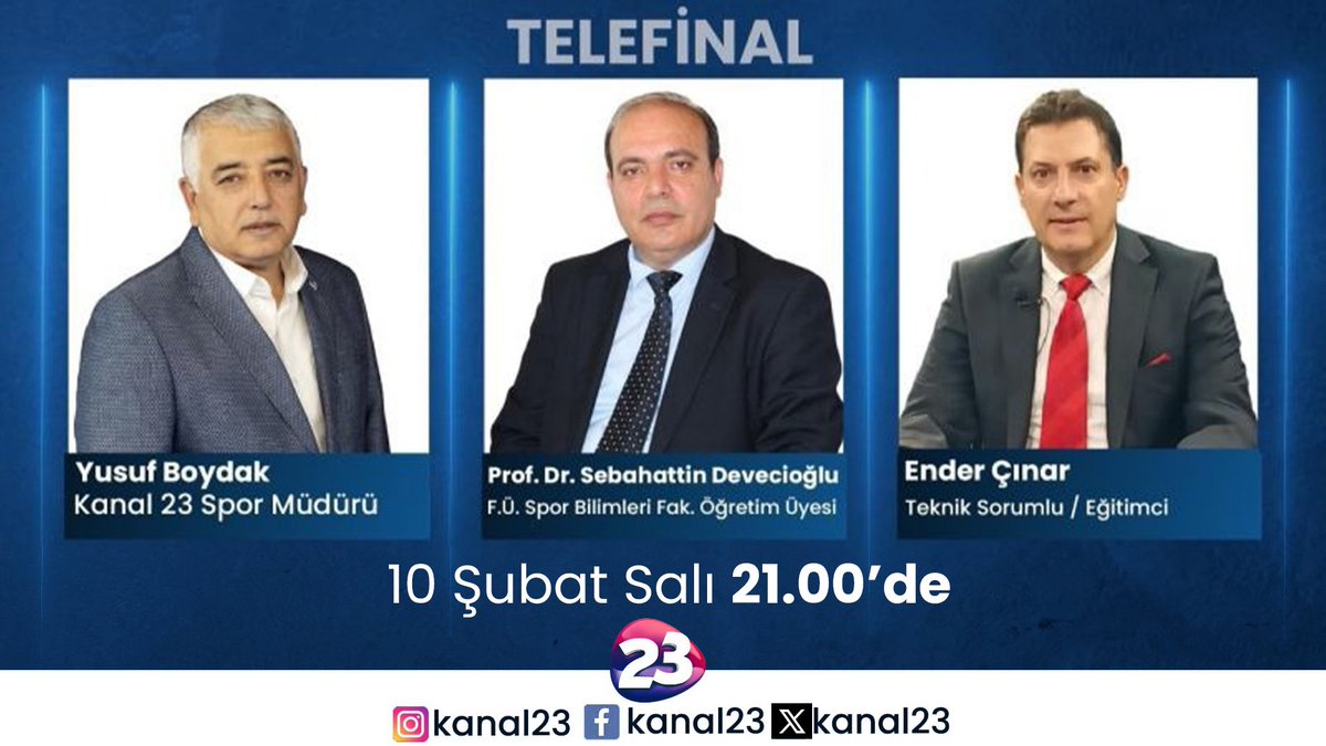 Kanal23HD's tweet photo. Kanal 23 Spor Müdürü Yusuf Boydak’ın sunumuyla 10 Şubat Salı günü saat 21.00’de yayınlanacak Telefinal’in konukları “FÜ Spor Bilimleri Fak. Öğretim Üyesi Prof. Dr. Sebahattin Devecioğlu ve Teknik Sorumlu Eğitimci Ender Çınar” olacak.
#elazığ #kanal23 #telefinal https://t.co/GIpc3lmnKX