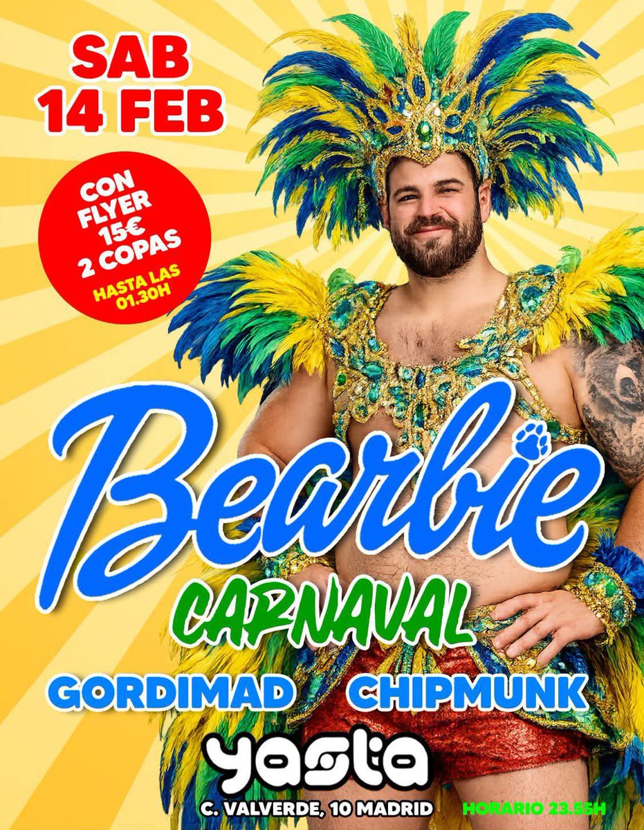 bearbiepop's tweet photo. 🐻🎉¡Llega Bearbie POP Carnaval!🎭 Sábado 14 celebramos el carnaval con una fiesta bear inolvidable en (C/Valverde 10,Madrid).

🔥 Flyer 15€ con 2 copas hasta la 01:30h 

Saca tu disfraz y ven a bailar.

#CarnavalMadrid #FiestaBear #Chueca #Malasaña #gaybear #SuperBowl #Brasil https://t.co/ktniRYAzJg