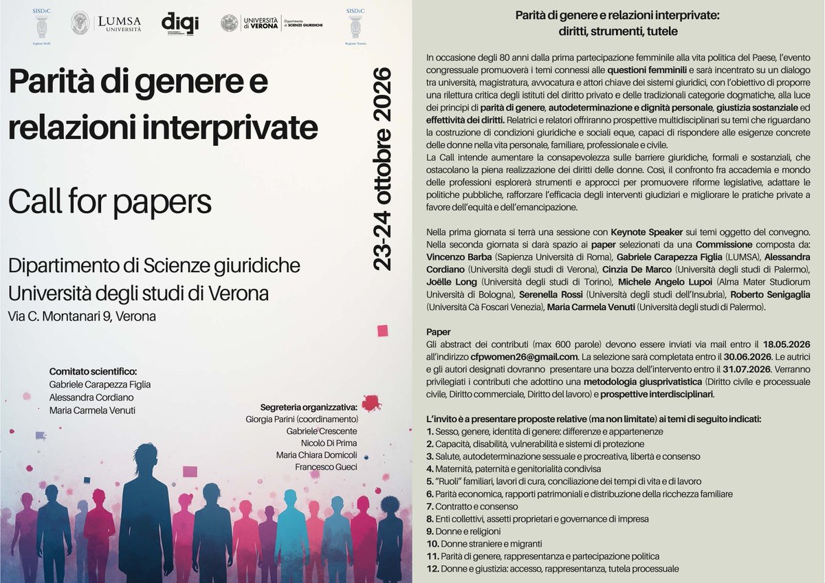 PARITA’ DI GENERE E RELAZIONI INTERPRETATIVE: diritti, strumenti, tutele 23/24 ottobre 2026 - CALL FOR PAPERS

23/24 ottobre 2026 

cammino.org/parita-di-gene…

#cammino #cammino1999
#paritadigenere #giustiziasostanziale