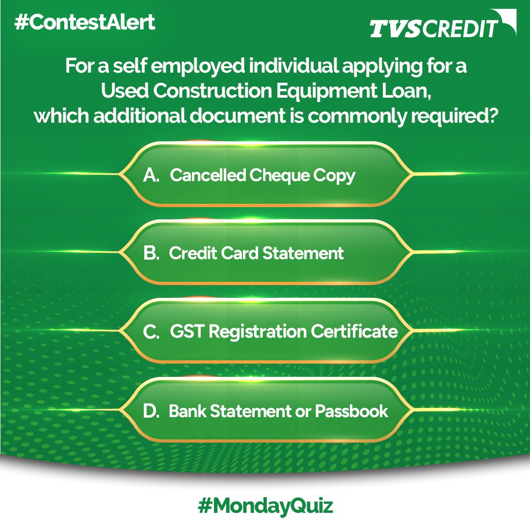 Do you know which additional document is commonly required when a self employed individual applies for a Used Construction Equipment Loan? 🤔

Put your loan knowledge to the test with this #MondayQuiz 💡

Drop your answer in the comments and see who really understands how