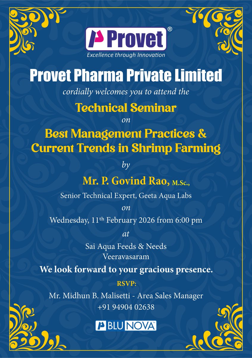 provetppl's tweet photo. Join us for an insightful technical seminar as we explore industry advancements and practical strategies that support sustainable and efficient shrimp farming.

#provet #aquaculture #shrimpfarming #ShrimpCulture #sustainableaquaculture #seafoodindustry #TechnicalSeminar #FGM https://t.co/ldWPYPstl9