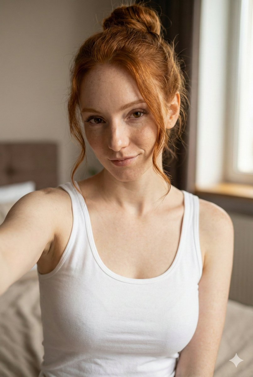 JSON Prompt for Flirty Morning Selfie Portrait AI image template preview