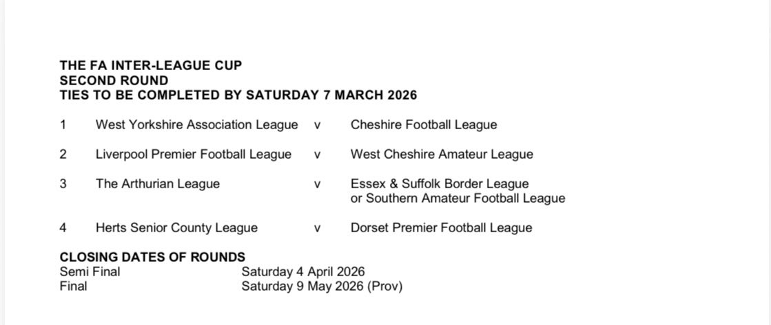 🏆DARE TO DREAM - ROUND 2 DRAW🏆

The League has been drawn away to the West Yorkshire League

Game to be played by 07 March