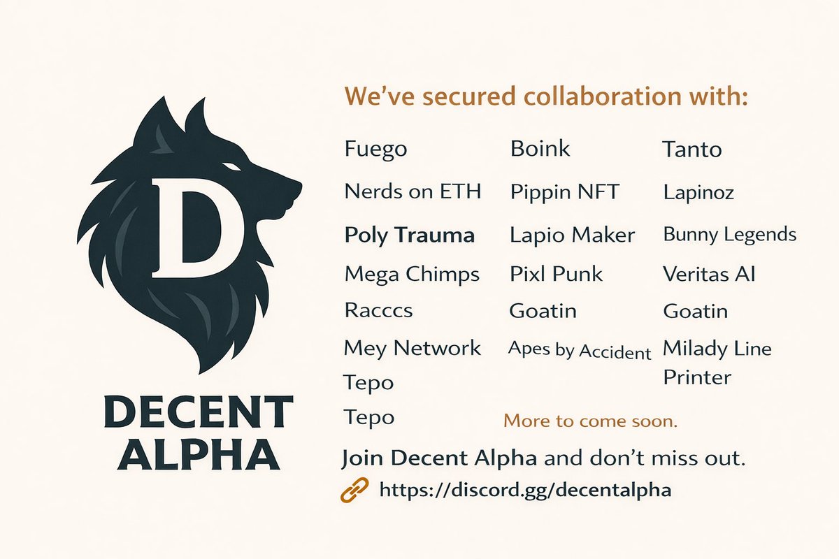 𝑯𝒂𝒑𝒑𝒚 𝑵𝒆𝒘 𝑾𝒆𝒆𝒌 𝑫𝒆𝒄𝒆𝒏𝒕𝒔 ❤️

We’re officially in February, and as always, we’re working hard to keep the community fed with solid alphas and strong collaborations.

So far, we’ve secured collabs with:
<a href="/fuegonft/">Fuego</a> 
<a href="/TepoNFT/">Tepo (testnet arc)</a> 
<a href="/boinknfts/">BOINK</a> 
<a href="/Tanto_eth/">Tanto Collective</a> 
<a href="/nerdsoneth/">nerds</a>