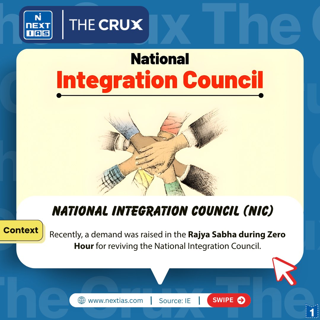 NEXTIAS_Delhi's tweet image. Today in 'The Crux,-Recently, a demand was raised in the Rajya Sabha during Zero Hour for reviving the National Integration Council.

For daily current affairs: nextias.com/ca/current-aff…

For Monthly CA Magazine: nextias.com/current-affair…

#NationalIntegrationCouncil #NationalUnity