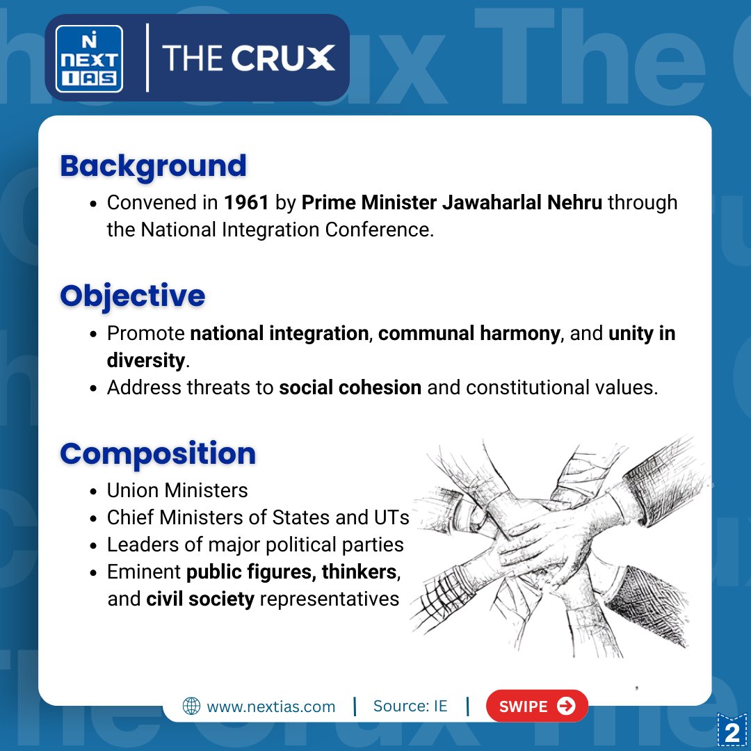 NEXTIAS_Delhi's tweet image. Today in 'The Crux,-Recently, a demand was raised in the Rajya Sabha during Zero Hour for reviving the National Integration Council.

For daily current affairs: nextias.com/ca/current-aff…

For Monthly CA Magazine: nextias.com/current-affair…

#NationalIntegrationCouncil #NationalUnity