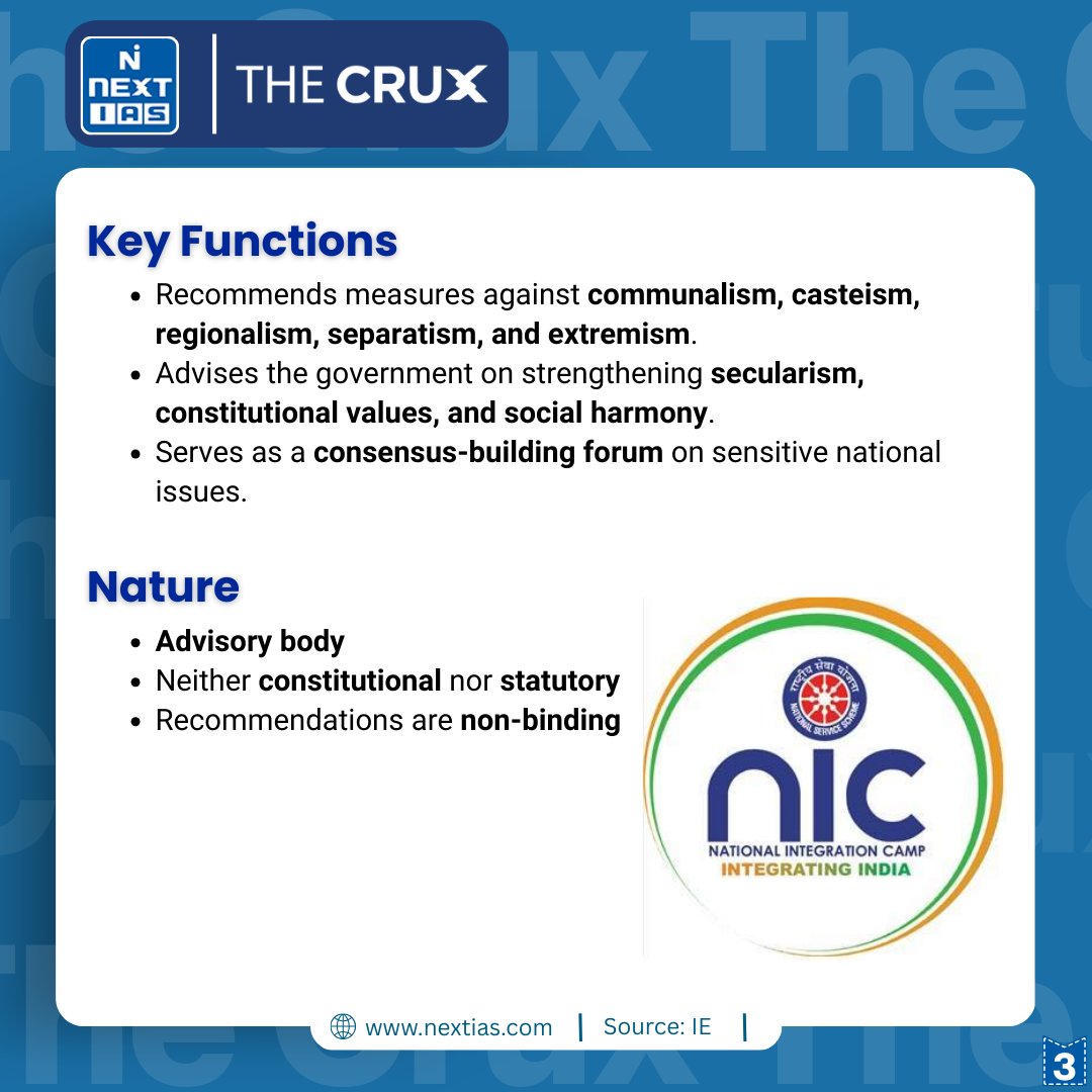 NEXTIAS_Delhi's tweet image. Today in 'The Crux,-Recently, a demand was raised in the Rajya Sabha during Zero Hour for reviving the National Integration Council.

For daily current affairs: nextias.com/ca/current-aff…

For Monthly CA Magazine: nextias.com/current-affair…

#NationalIntegrationCouncil #NationalUnity