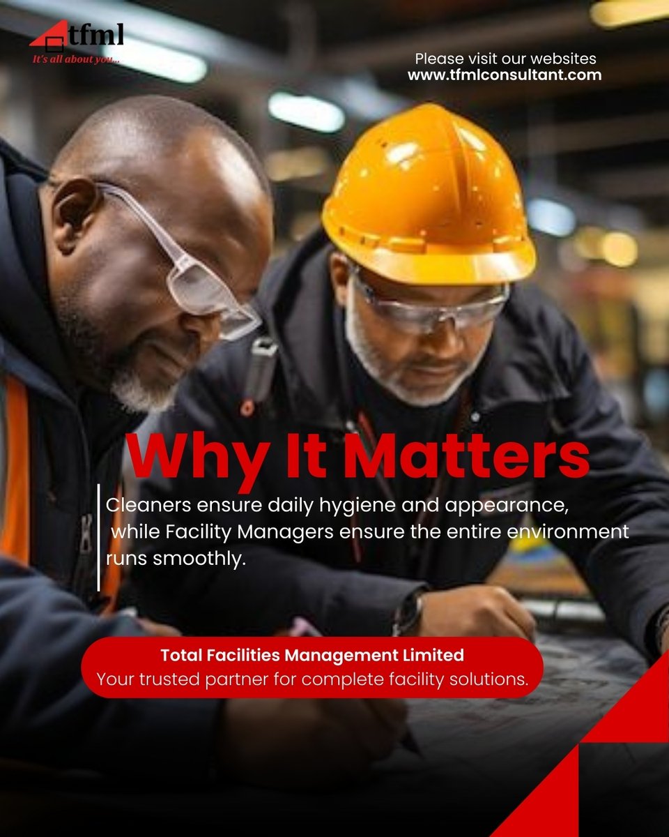 TFMLNigeria's tweet photo. Clean. Safe. Smooth. That’s how great facilities happen.
Cleaners: Keep it spotless, hygienic, and welcoming every day.
Facility Managers: Keep it running, safe, and efficient behind the scenes.
We don’t just manage facilities, we elevate them.
#tfml https://t.co/jocYwido9p