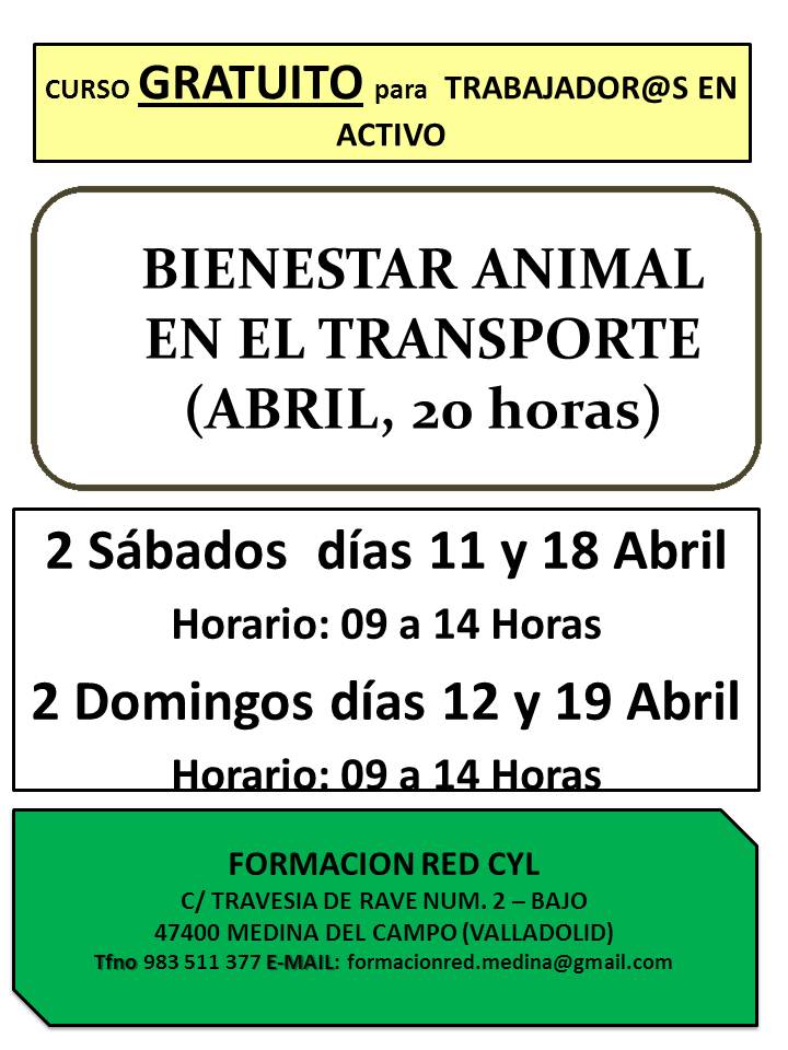 📚 Curso gratis: Bienestar animal en el transporte

📅Comienzo el 11 de abril
ℹ  Travesía de Ravé  2, Bajo.  Medina del Campo (Valladolid)
☎️: 983 511 377
📧: formacionred.medina@gmail.com