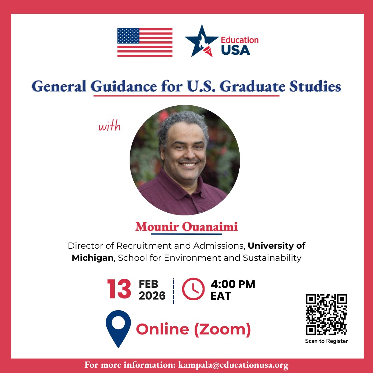 USEmbassyUganda's tweet photo. #EducationUSA Uganda invites you to a virtual webinar on U.S. graduate applications, featuring the University of Michigan’s School for Environment and Sustainability.
Gain insights on the application process, common pitfalls for international applicants, and effective engagement with admissions teams.
📅 February 13
⏰ 4:00 PM EAT
📍Zoom (link will be shared with registered participants)
🔗Link to registration: https://t.co/6yvtsudL5X