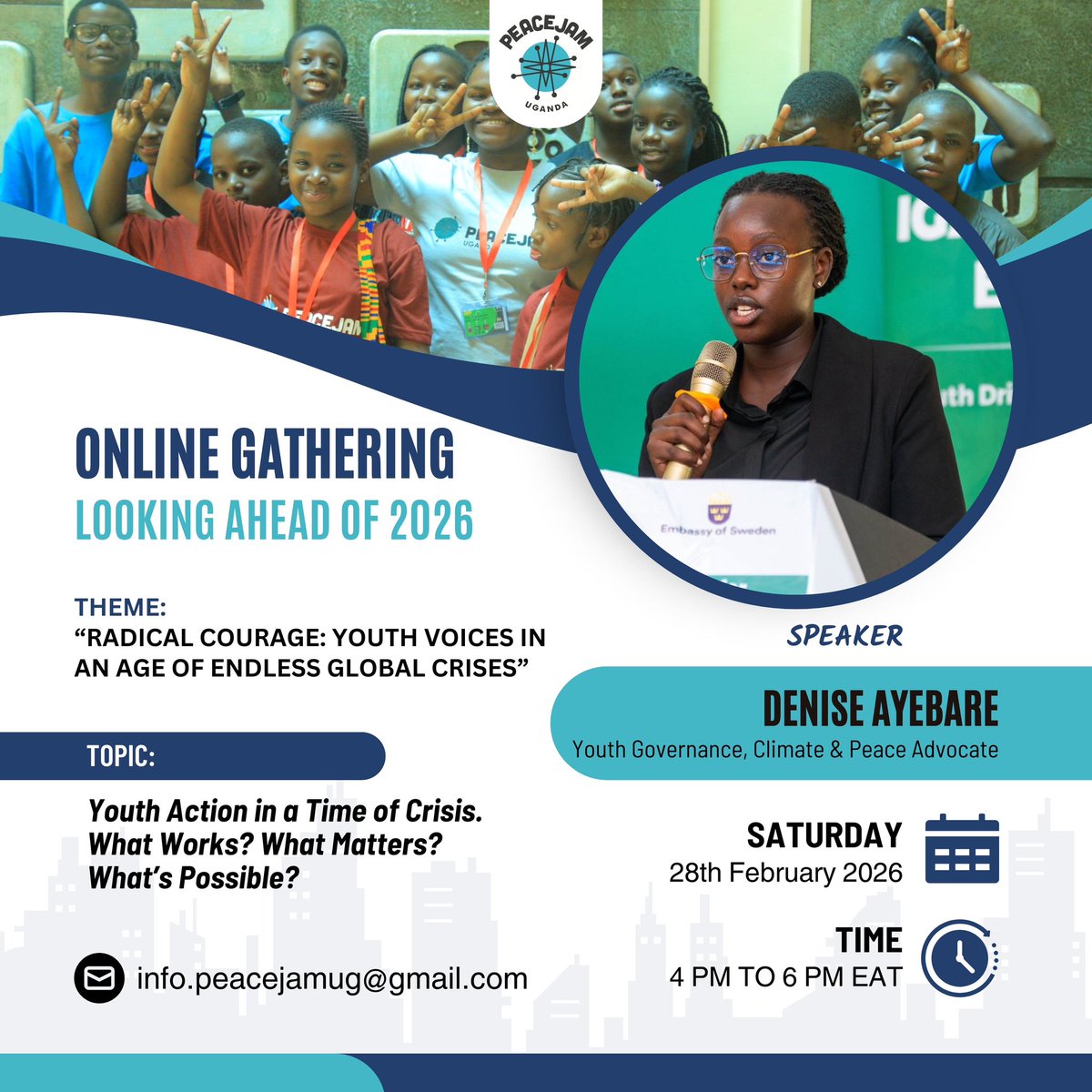 PeaceJamUganda's tweet photo. What does effective youth action look like in 2026? 🌍✊

Join @PeaceJamUganda as we host @AyebareDenise Denise Ayebare (Youth Governance &amp; Climate Advocate) to explore what works, what matters, and what’s possible for our generation.

Register Here: https://t.co/r3wdBXyx3N https://t.co/KYGAdDxAPR