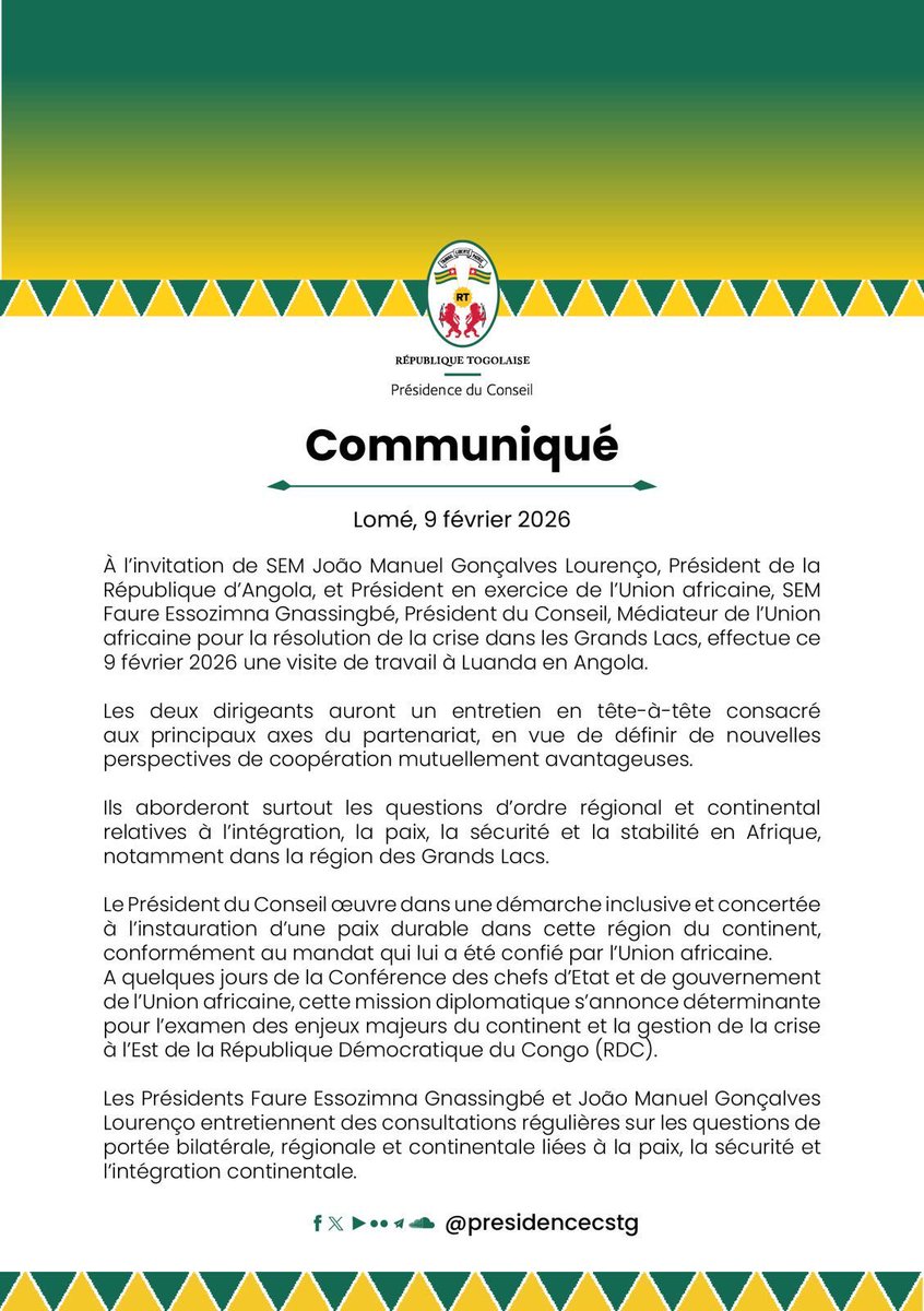 #Rdc #Grands_Lacs
Faure Gnassigbe effectue une visite ce lundi à #Luanda. Selon le communiqué des autorités togolaises, les questions de paix et sécurité en #Afrique particulièrement dans la région des @Grands_Lacs seront au menu qu'il aura en #Angolais avec son homologue Joâo