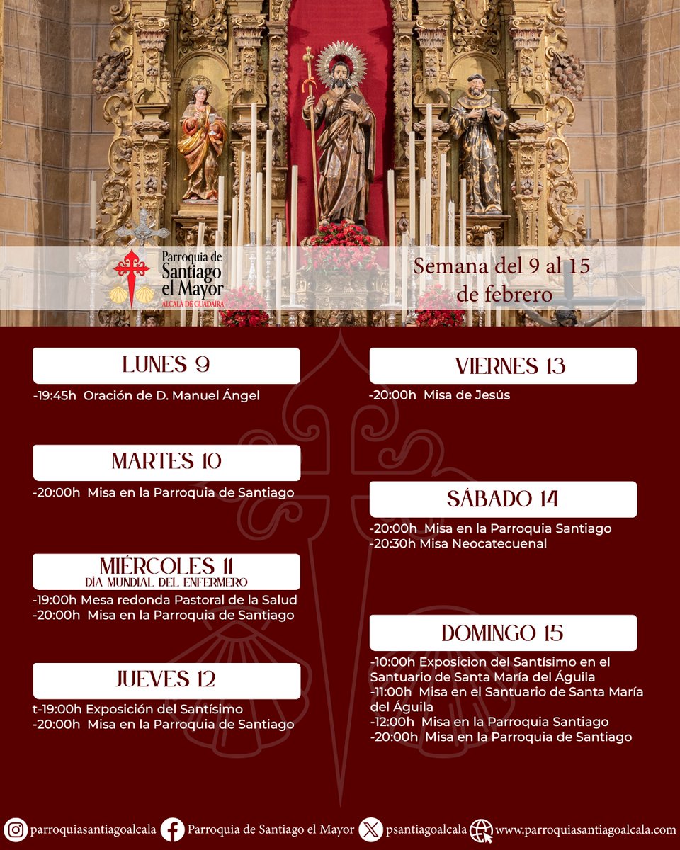 psantiagoalcala's tweet image. 𝐀𝐠𝐞𝐧𝐝𝐚 | Relación de actos y cultos que tendrán lugar en la Parroquia esta semana.