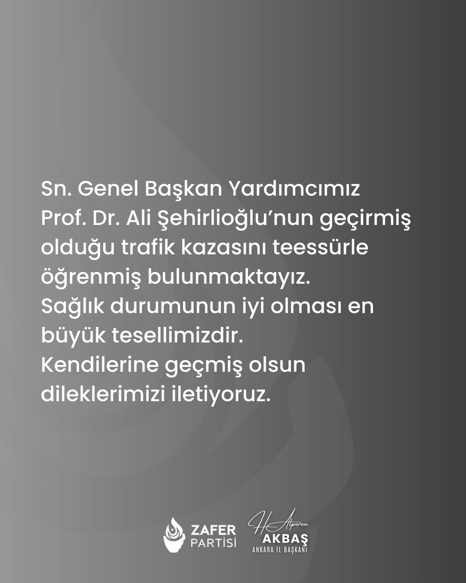 Sn. Genel Başkan Yardımcımız Prof. Dr. Ali Şehirlioğlu’nun geçirmiş olduğu trafik kazasını teessürle öğrenmiş bulunmaktayız. 
Sağlık durumunun iyi olması en büyük tesellimizdir. 
Kendilerine geçmiş olsun dileklerimizi iletiyoruz.

<a href="/AliSehirlioglu/">Prof.Dr. Ali Şehirlioğlu</a> 
<a href="/avalperenakbas/">Av. H. Alperen Akbaş</a> 
<a href="/zaferpartisi/">Zafer Partisi</a>