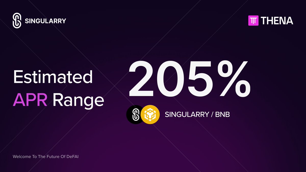 The SINGULARRY/BNB pool on <a href="/ThenaFi/">THENA</a> is kicking off the week with an Estimated APR Range of up to: ~205%

💧 Generate yield with your $SINGULARRY
⚡ Ongoing incentives for LPs
🔁 Simple liquidity exposure via Thena

Keep your capital working this week.

To add liquidity 👇