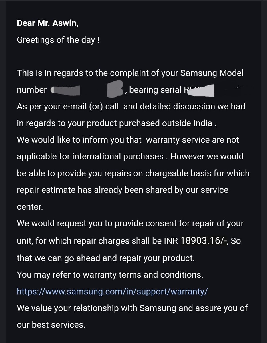 Aswin__United's tweet photo. Pink Line on my S23 Ultra @SamsungIndia admits the fault but refuses FOC repair coz phone was bought abroad.
​Is this the way to treat flagship users @SamsungSupport? 
​Charging ₹18k+ for your own manufacturing failure is unacceptable.
​#SamsungIndia #GreenLine @jagograhakjago https://t.co/4utD1kRCKk