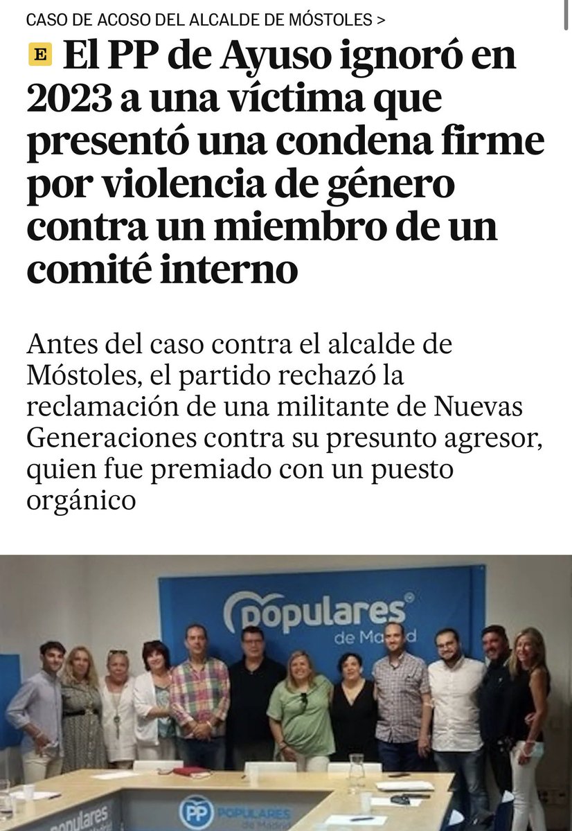 El PP de Ayuso y Feijóo. 

Una víctima de violencia de género presentó una sentencia firme contra un miembro de un comité interno de las Nuevas Generaciones y en lugar de echarlo, lo ascendieron. 

Toma ya! elpais.com/espana/madrid/…