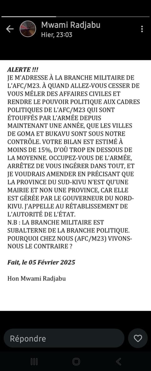 #RDC 🇨🇩: Crise au sein du M23 : dénonciations, règlements de comptes et fractures internes

Les récentes sorties médiatiques de Mwami Radjabu, haut cadre de l’AFC/M23 et un temps présenté comme gouverneur pressenti du Sud-Kivu pour le compte de la rébellion, mettent en lumière de