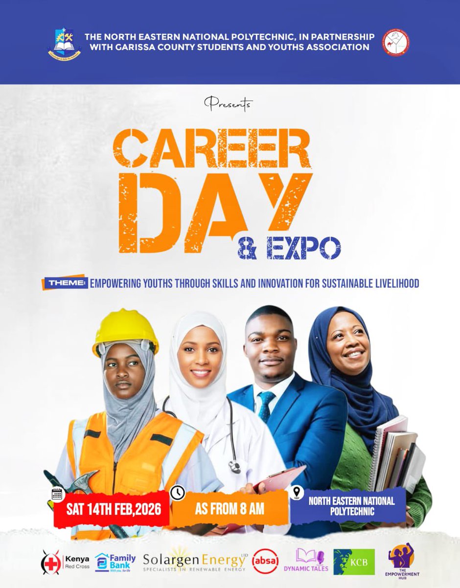 MahdiUsman8's tweet photo. 🚀 Ready to shape your future?
Join us for the Career Day & Expo at North Eastern National Polytechnic @NENAP_ke — a day of inspiration, skills-building, and innovation empowering youths for sustainable livelihoods.
#CareerDayExpo #YouthEmpowerment #SkillsForTheFuture #NENAP https://t.co/1qcyub7ZeM