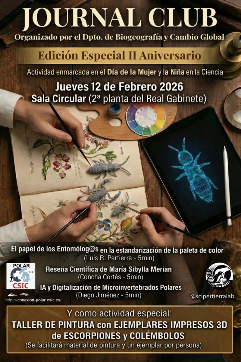 pertierralab's tweet photo. 📚 Journal Club – Edición Especial II Aniversario
Este jueves a las 15:30 celebramos el #DíaDeLaMujerYLaNiñaEnLaCiencia con ciencia, arte y microinvertebrados 🦂
📍 Sala Circular 
🎨 Tendremos un taller de pintura con modelos 3D

¡Os esperamos! @PolarCSIC @mncn_csic https://t.co/o2zjvAAQVv