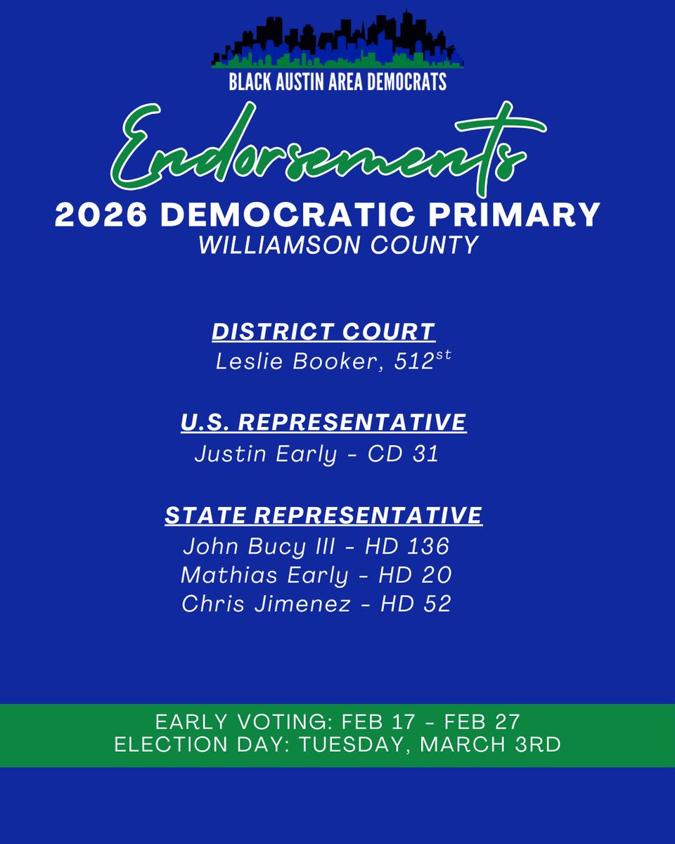 blackaustindems's tweet photo. We’re excited to announce our 2026 Democratic Primary Endorsements across Central Texas! https://t.co/CdpTlAoZPC