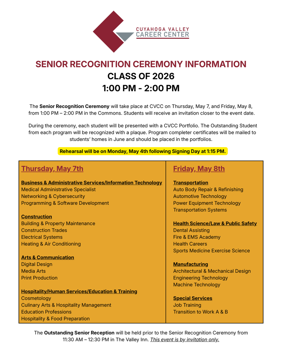 ❗️Class of 2026 – Important Information❗️

The Senior Recognition Ceremony for the Class of 2026 will be held at CVCC on May 7 and May 8 from 1:00 p.m. to 2:00 p.m. Students will receive an invitation closer to the event.

Please refer to the information below to find your