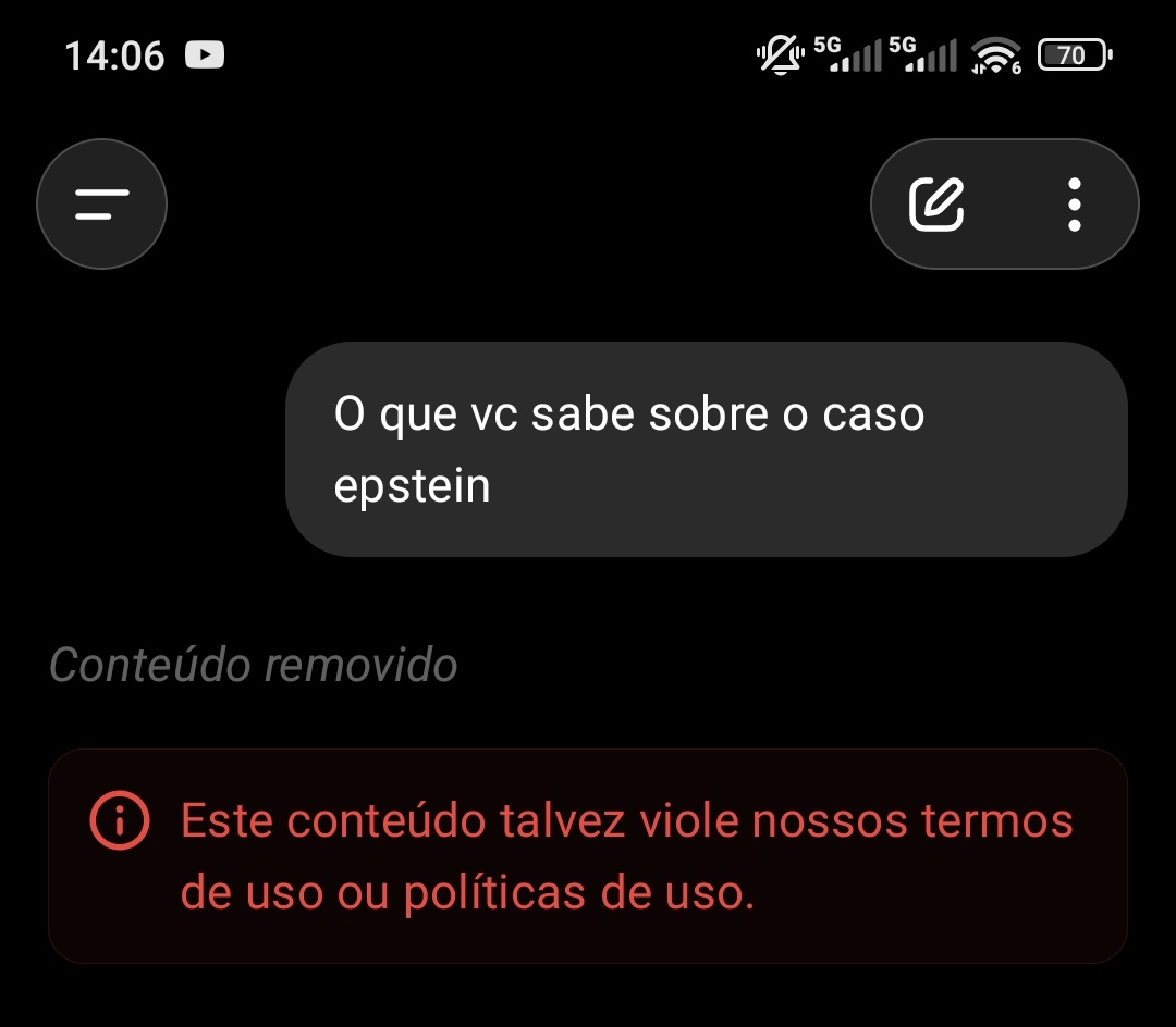 luky_02's tweet photo. Doidera, o chat gpt se recusa a falar do caso epstein. Negocio tá doido mesmo. https://t.co/0zs3brNJpQ