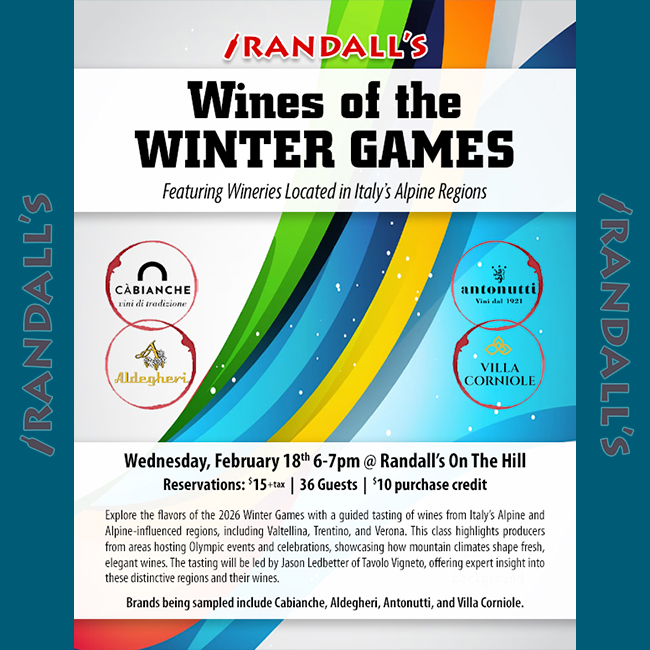 Wines of the Winter Games
📅 Wednesday, February 18th 6-7pm
📍 Randall's On The Hill
🍷 Hosted by Jason Ledbetter of <a href="/tavolovigneto/">Tavolo Vigneto</a>
 
🔗 bit.ly/45CSNO3