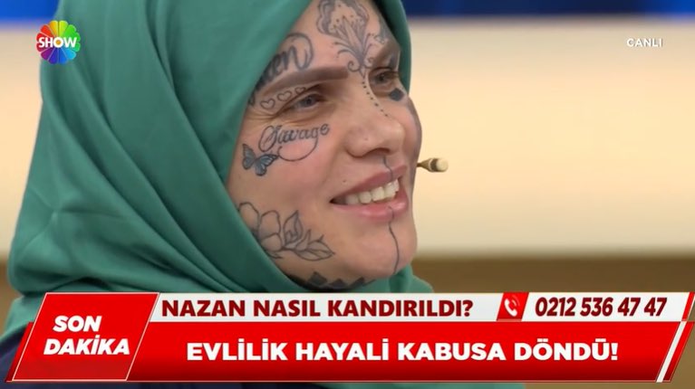 knoxlumos's tweet photo. A Turkish woman, known for the wild tattoo always on her face 🤘, appeared on a TV show after being scammed by someone she met on TikTok. https://t.co/7OTfjgl9AI