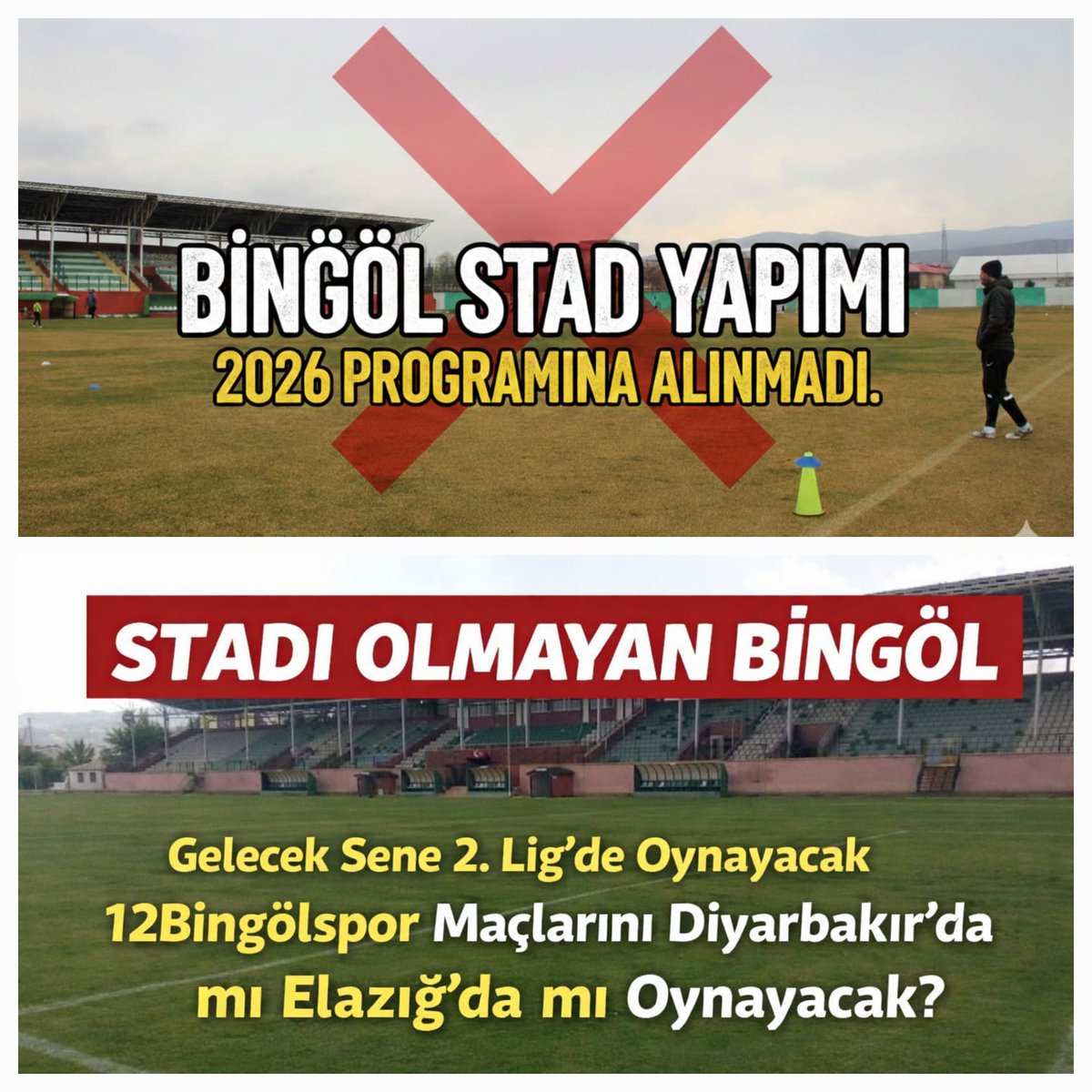 BingolXHaber's tweet photo. BİNYAD’dan 12Bingölspor ve Şehir Stadı Çağrısı
#bingölxhaber

Bingöl ve İlçeleri Sosyal Yardımlaşma Kültür Derneği (BİNYAD), 2. Lig yolunda liderliğini sürdüren 12Bingölspor ile ilgili önemli bir açıklama yaptı.

BİNYAD tarafından yapılan açıklamada, 2. Lig yolunda emin adımlarla ilerleyen ve ligde 1. sırada yer alan 12Bingölspor’un, yönetimi, futbolcuları ve Bingöl halkıyla birlikte tek yürek olduğu vurgulandı. Takımın hedefinin ise gelecek sezon 2. Lig’de mücadele etmek olduğu belirtildi.
Açıklamada, sportif başarıya rağmen Bingöl adına üzüntü verici bir gelişmenin yaşandığı ifade edilerek, 12Bingölspor’un 2. Lig’de oynayacağı şehir stadyumunun yapımının 2026 yılı yatırım programına alınmadığına dikkat çekildi.

Mevcut stadın Türkiye Futbol Federasyonu (TFF) kriterlerine uygun olmadığı belirtilen açıklamada, olası bir 2. Lig’e yükselme durumunda maçların Diyarbakır veya Elazığ stadyumlarında oynanmasının talep edilmesinin kuvvetle muhtemel olduğu kaydedildi. Bu durumun hem kulüp hem de şehir açısından ciddi mağduriyet oluşturacağı ifade edildi.
BİNYAD açıklamasında, sporun gençlerin geleceği, aidiyet duygusu ve sosyal hayat üzerindeki etkisine dikkat çekilerek, sportif başarı yakalayan bir şehrin altyapı eksikliği nedeniyle başka illerde maç oynamaya zorlanmasının kabul edilemez olduğu vurgulandı.
12Bingölspor’un başarısının tesadüf olmadığı, emeğin, inancın ve birlikteliğin sonucu olduğu belirtilen açıklamada, bu başarıya yakışır bir şehir stadının Bingöl’e kazandırılmasının artık bir tercih değil zorunluluk olduğu ifade edildi.
BİNYAD, yetkilileri Bingöl halkının beklentilerine kulak vermeye ve şehrin sesini duymaya davet etti.

@ahmetzoroglan @ifa_medya 
@serdarKaan12 #BİNYAD