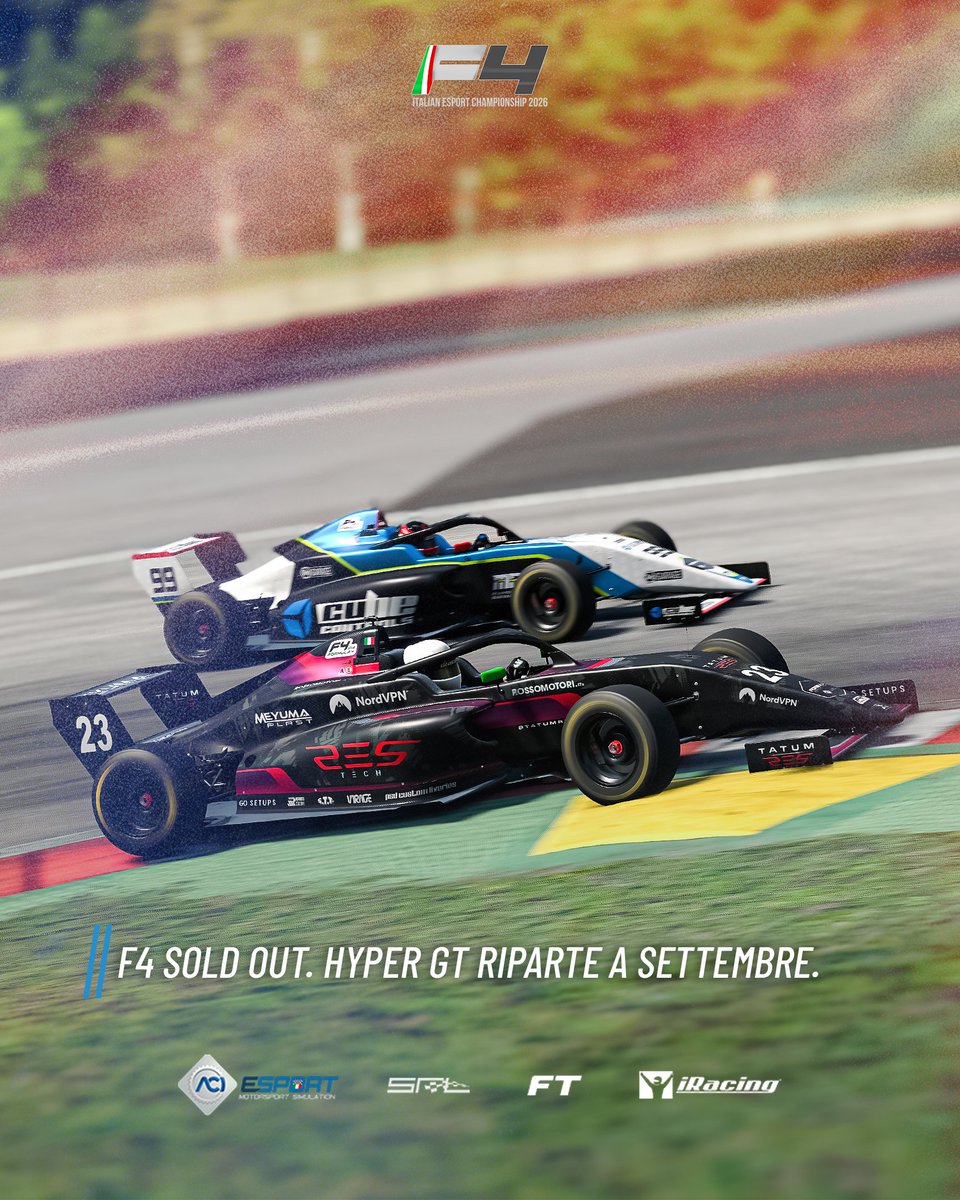 SimRacingLG's tweet photo. F4 2026 sold out.
Per questo Hyper GT 2026 riparte a settembre, con nuovo calendario. 🏁
#HyperGT #Formula4 #ACIEsport #iRacing @ACI_Sport @FTraiettoria @iRacing https://t.co/AF09zBKBWe