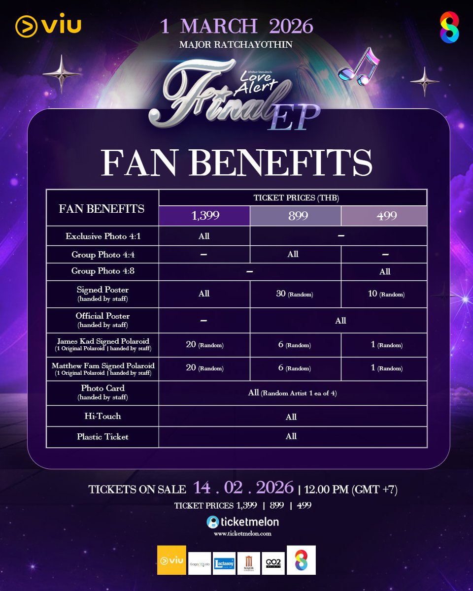 🚨 เปิดผังที่นั่งและ Fan Benefits อย่างเป็นทางการ! มาร่วมลุ้นบทสรุปก่อนใคร!! ในค่ำคืนสุดพิเศษ ดูตอนจบไปพร้อมกับเหล่านักแสดง พร้อมรับสิทธิพิเศษสุด Exclusive กับงาน  Love Alert Final EP 📦💜

🗓 วันอาทิตย์ที่ 1 มีนาคม 2026
📍 Major Ratchayothin

📅 เปิดจำหน่ายบัตร: 14 กุมภาพันธ์