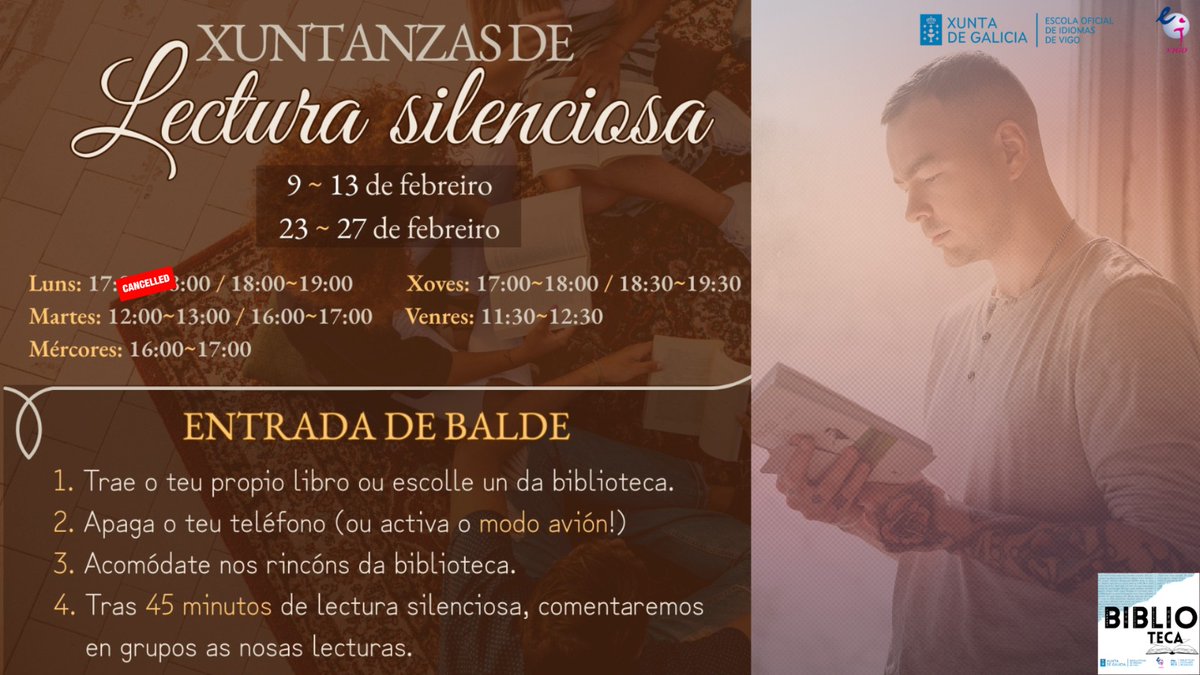 📣Atención! Debido a un imprevisto, temos que cancelar as sesións de lectura silenciosa programadas para os luns de 17:00 a 18:00. O resto dos horarios orixinais mantéñense! 📖 Esperámosvos!