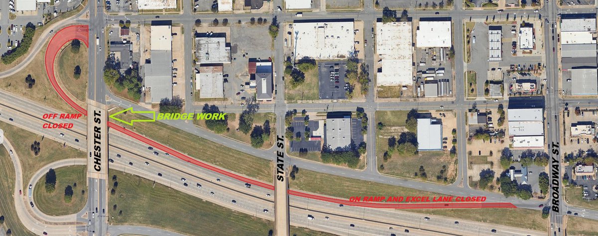 myARDOT's tweet photo. Throughout this week, crews will close the westbound Interstate 630 on-ramp at Broadway Street, acceleration lane, and the off-ramp at Chester Street from 9 a.m. to 3 p.m. daily for crews to perform repairs on the Chester Street overpass.

Thank you for your patience. https://t.co/5oEVpXWaUW