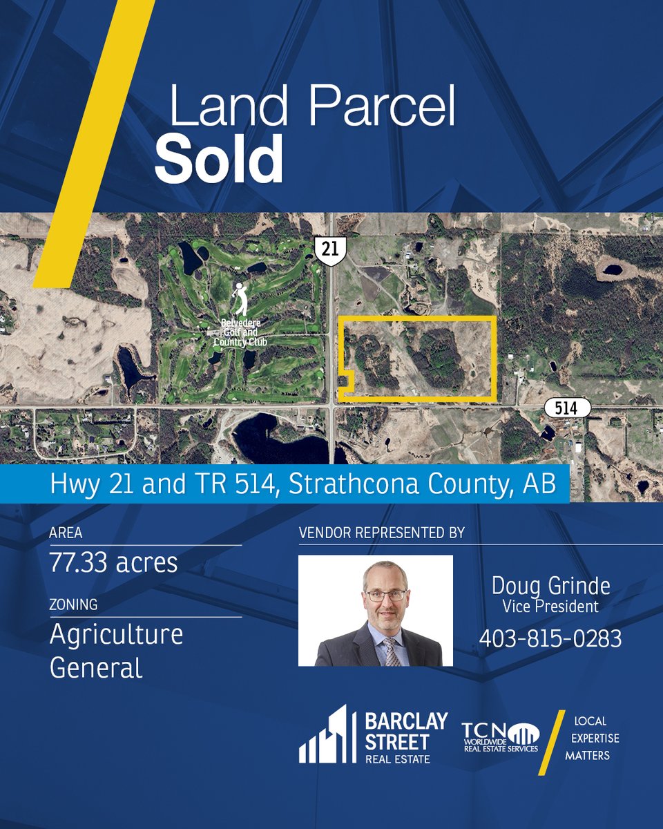 LAND SOLD// On behalf of the Vendor, we are pleased to announce the successful sale of a 77-acre land parcel in Strathcona County, Alberta.

Questions? Reach out to:
Doug Grinde, Vice President, Investment Sales
c: 403-815-0283
dgrinde@barclaystreet.com 

#BSRE <a href="/TCNWorldwide/">TCN Worldwide</a>