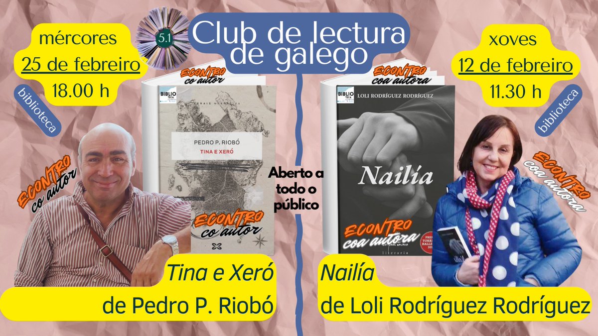 📖 O club de lectura de galego organiza encontros cos autores Loli Rodríguez e Pedro P. Riobó! A xuntanza con Loli Rodríguez o 12 de febreiro ás 11:30 h e con Pedro P. Riobó o 25 de febreiro ás 18:00 h., sempre na biblioteca da escola. Anotádeo nas vosas axendas! ✍️