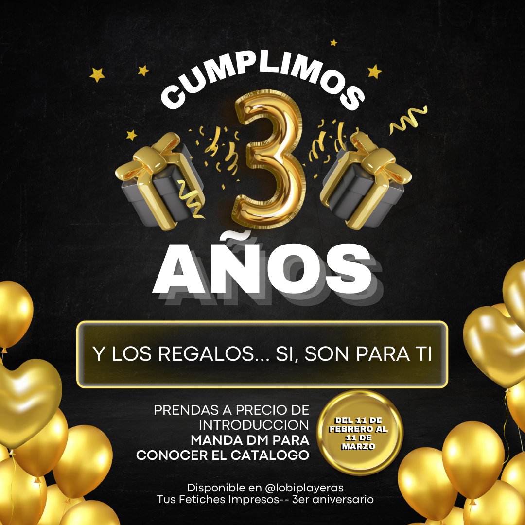 Ya en un par de días empieza la celebración del tercer aniversario de #TusFetichesImpresos
Habrá varias promociones y una prenda nueva!!!
No se lo pierdan