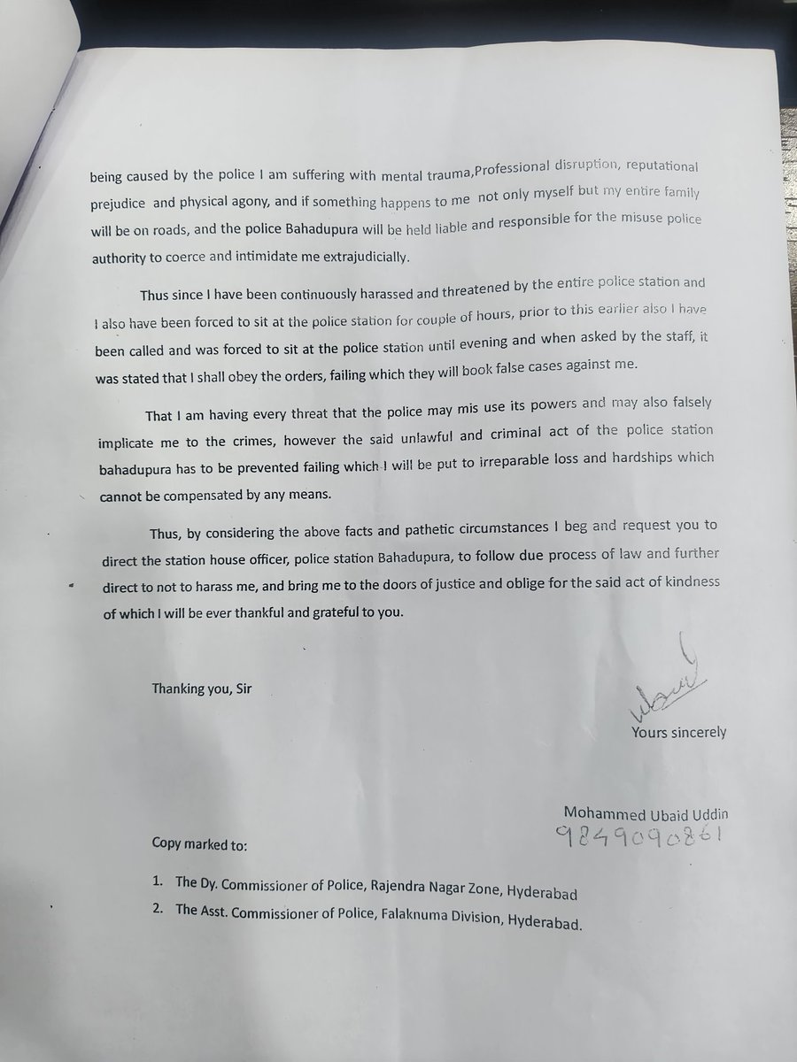 Bahadurpura Police threating a Man Obaid in Case Which is don't even know the Man and Jawans of Bahadurpura Police  keep on illegally  intimidating him at His Workplace and forcing him to come to ps by Saying Sahab(SHO) ps ko Bularay Sida Chalo warna Gala Pakarkay lekay jatay 
As