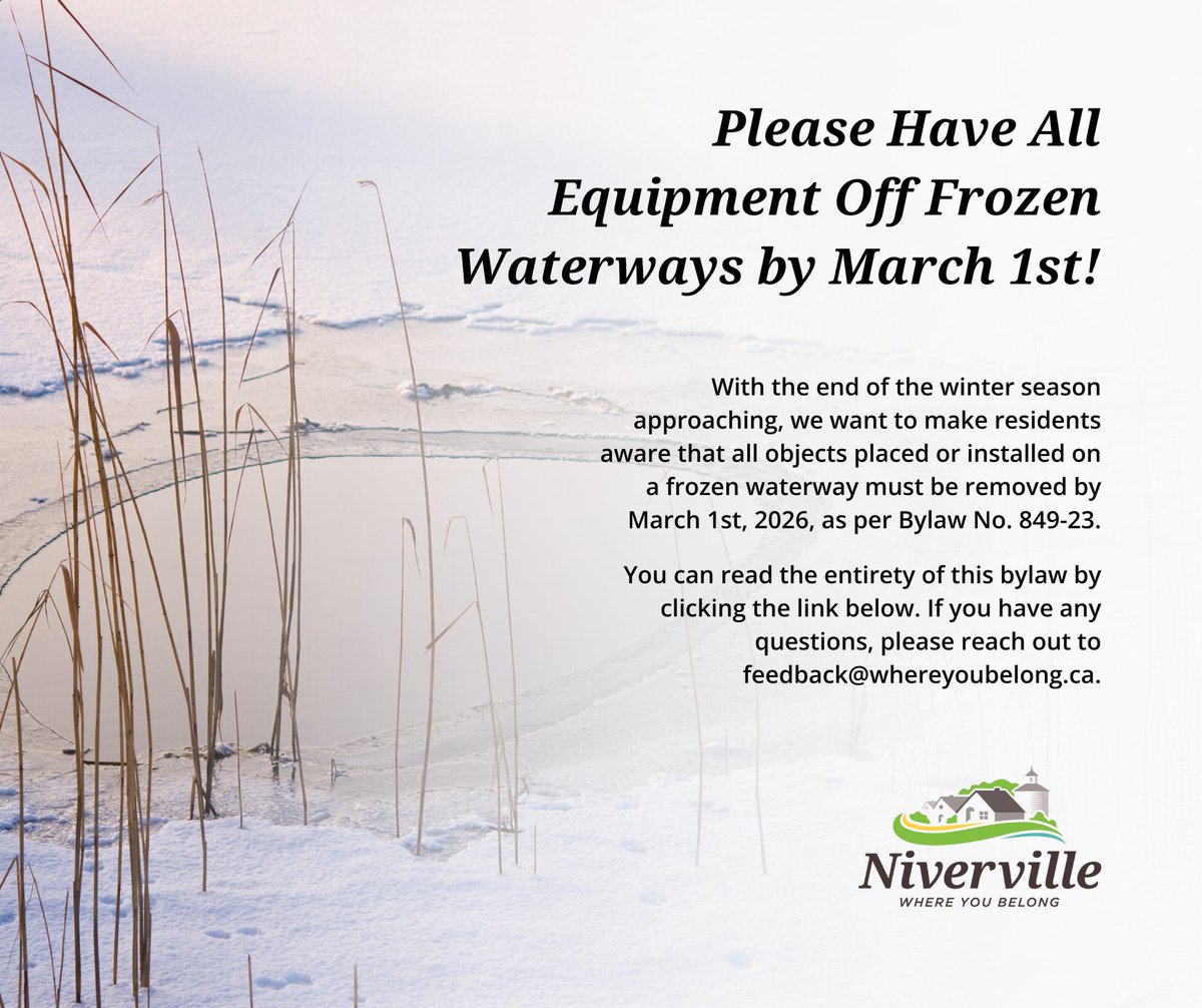 Please have all equipment off frozen waterways (incl. retention ponds) by March 1st!

Read the Frozen Waterways Bylaw No. 849-23 here: whereyoubelong.ca/wp-content/upl…

#TownOfNiverville #WhereYouBelong #FrozenWaterwayBylaw
